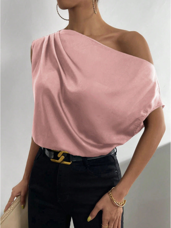 spring solid color satin faux silk asymmetrical one-shoulder off-the-shoulder sleeveless pullover blouse - european & american style women's clothing