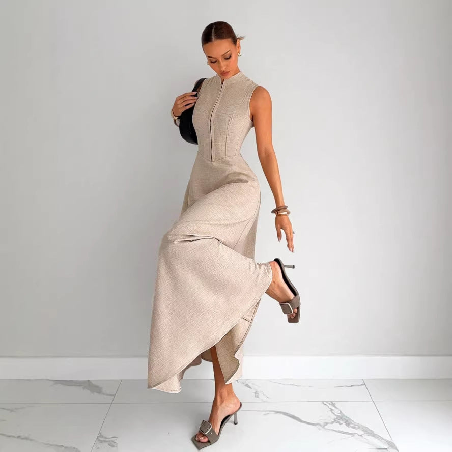 european and american cross-border new sleeveless french cinched waist maxi dress for women