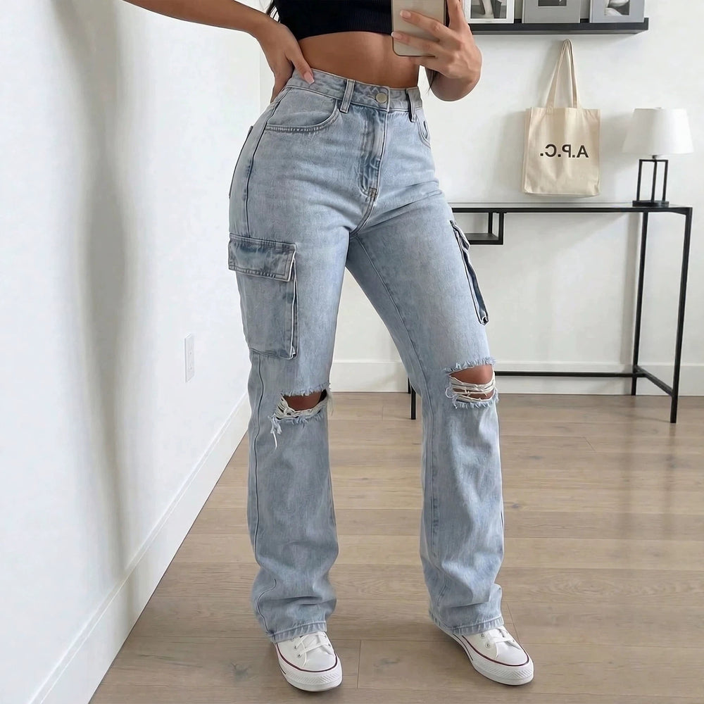 European and american style women's distressed denim cargo pants - high waist, washed, slim fit, designer jeans