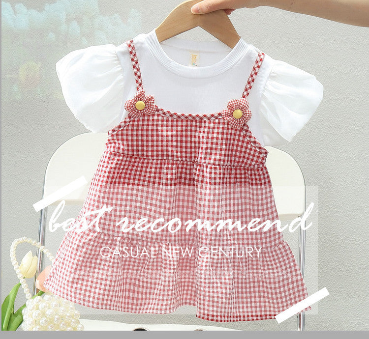Girls' summer korean style cute floral round neck short sleeve dress  new girls' casual plaid skirt