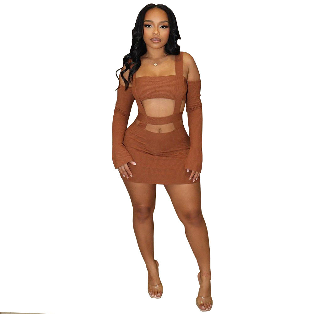 European and american cross-border women's fashion:  style sexy hollow-out cropped cami dress with attached sleeves and bodycon skirt