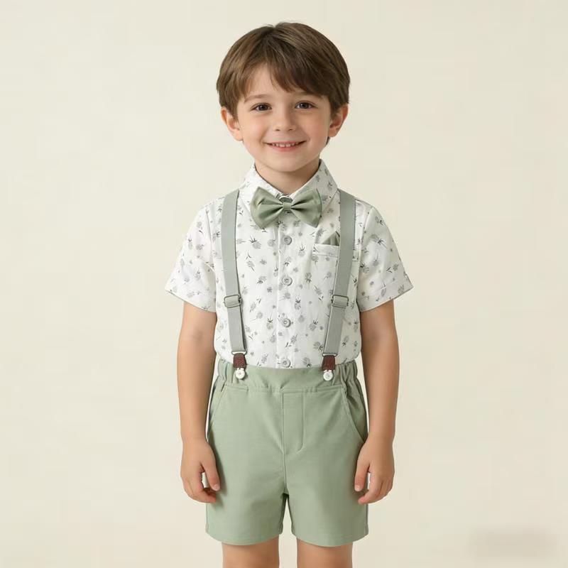 new arrival: korean style children's gentleman outfit - suspender set for boys, featuring a printed short-sleeve shirt