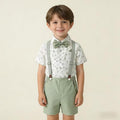 new arrival: korean style children's gentleman outfit - suspender set for boys, featuring a printed short-sleeve shirt