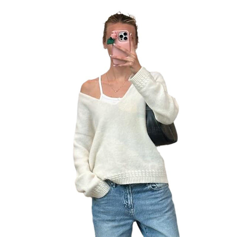 Cross-border street casual sweater lazy autumn and winter pullover loose v-neck knitted sweater solid color warm long-sleeved top women