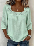 new cross-border  summer solid color casual square neck lace trimmed three-quarter sleeve cotton linen short-sleeve top for women