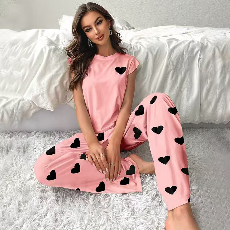 european and american new women's loungewear set: heart print t-shirt and casual comfortable pants pajama two-piece