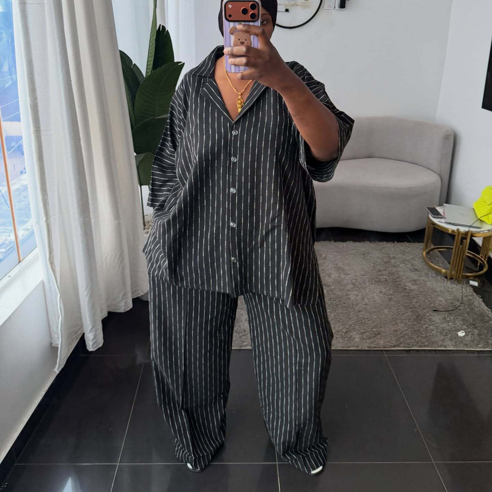 European and american cross-border women's clothing  summer new arrivals: african-style plus size fashion loose striped shirt and wide-leg pants set