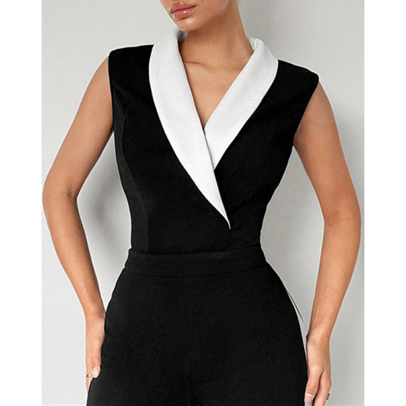 Women's sleeveless color block lapel bodysuit v-neck slim fit blazer style top for office and party occasions