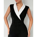 Women's sleeveless color block lapel bodysuit v-neck slim fit blazer style top for office and party occasions
