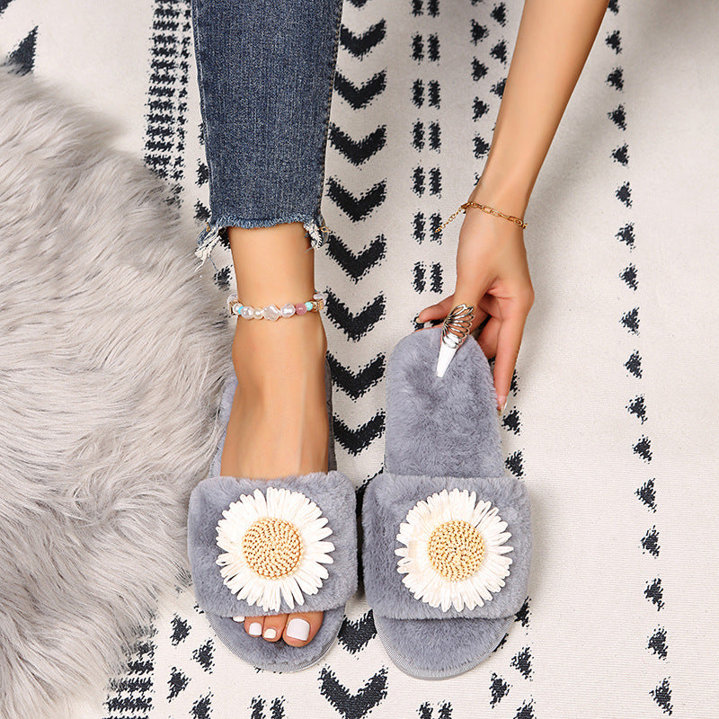 2024new arrival women's large size fur slippers fall and winter flip-flops flat heel open toe popular sunflower heattech floor slippers