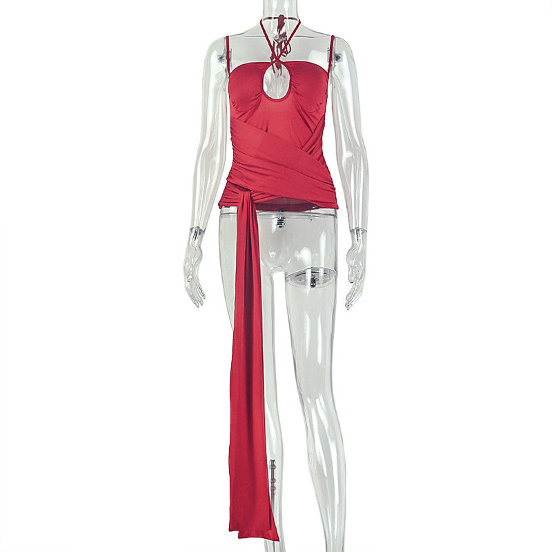 European and american style ins cross-border fashion pure color women's clothing pleated thin strap halter t-shirt sleeveless summer backless wrap top