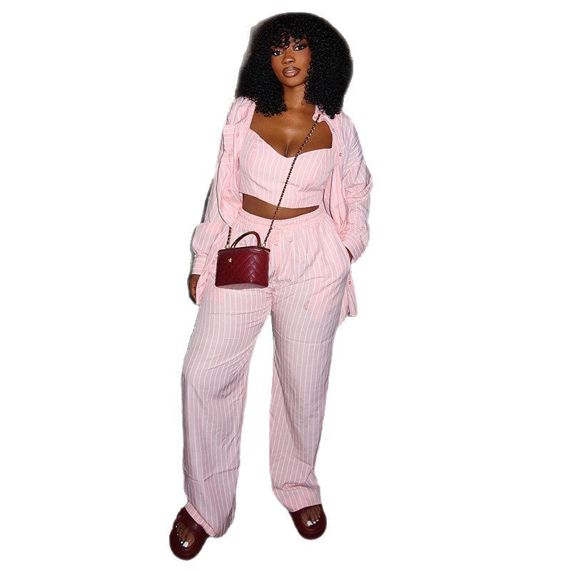 European and american style women's  autumn new collection: striped turn-down collar long-sleeve shirt, sweet vest, and high-waisted straight-leg pants three-piece set