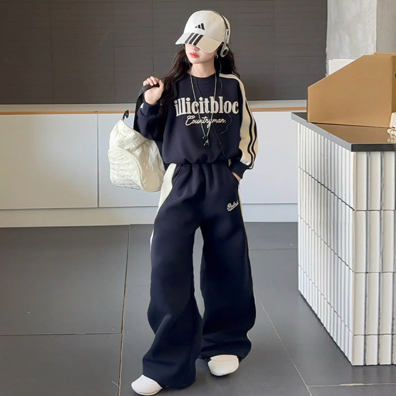 girls' casual activewear set: stylish spring/autumn two-piece outfit for girls - wide-leg pants and sweatshirt, trendy for mid-to-large children