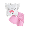 Girls' summer shorts set: flutter sleeve white top & pink bow shorts - perfect for outdoor adventures!