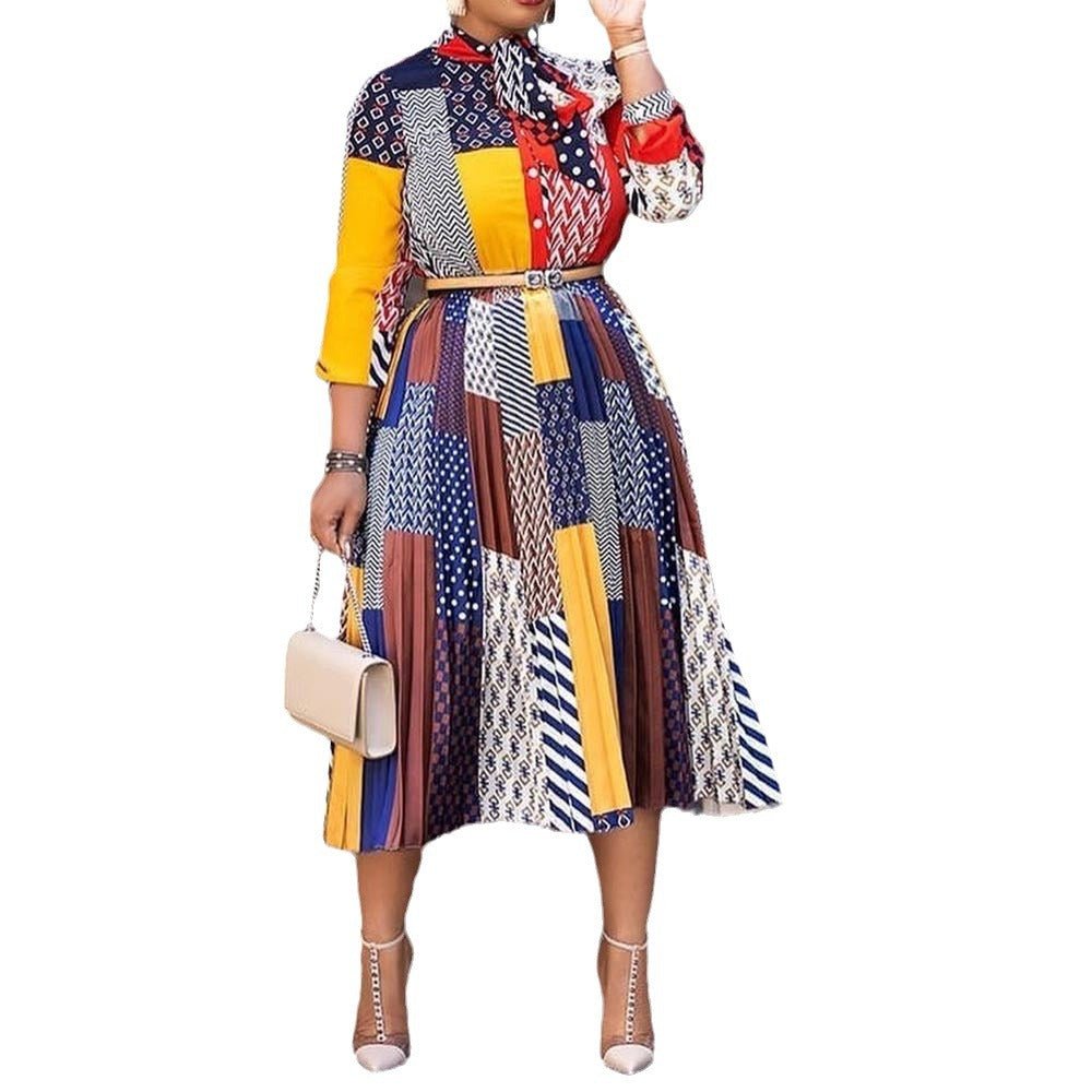 spring/summer new arrival: african-style printed midi dress with bow collar and elegant three-quarter sleeves - women's apparel