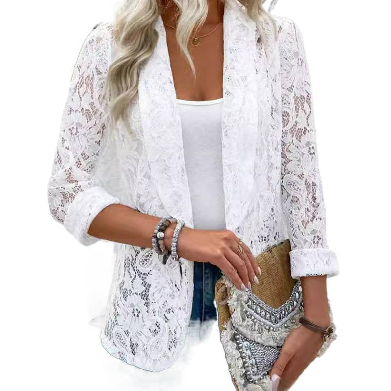 european and american cross-border spring/summer blazer: chic, versatile solid color lace shirt jacket