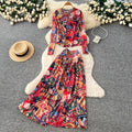 Lightly mature outfit for women fashionfashionprinting round neck long sleevest-shirt tops+high waistdraped large hem skirtsuit