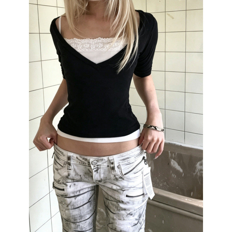 Amazon women's clothing  summer new fashion trendy versatile slim-fit elegant solid color short-sleeve top two-piece set