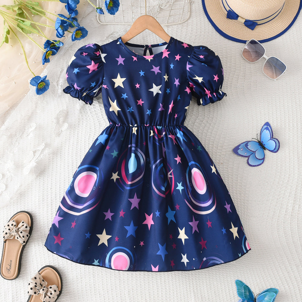summergirldress navy blue star printing puff sleeves fungus edge waist a-line kids princess dress