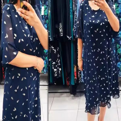 european and american plus size chiffon printed short sleeve round neck patchwork dress