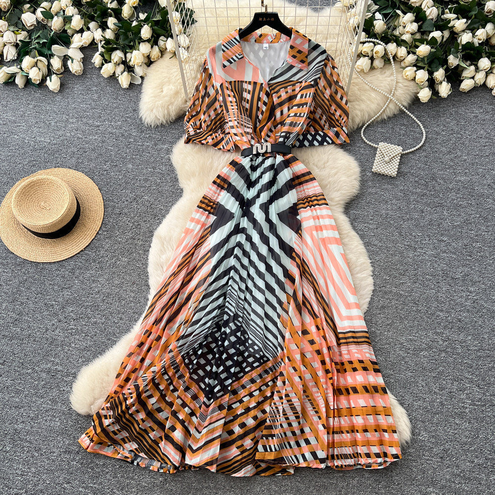 Korean style v-neck geometric print dress - women's spring  short sleeve, slim fit, a-line maxi dress - commute chic