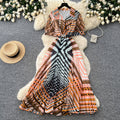 Korean style v-neck geometric print dress - women's spring  short sleeve, slim fit, a-line maxi dress - commute chic