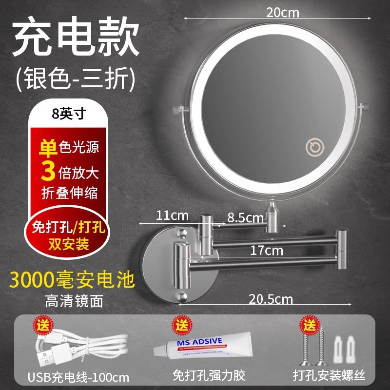 Punch-free wall-mounted folding makeup mirror for bathroom, magnifying, extendable, double-sided led lighted vanity mirror for hotel use