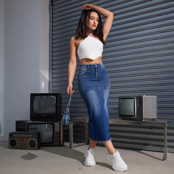Cross-border wholesale American fashion sense full of retro denim long skirt four seasons H outline cotton washed denim skirt
