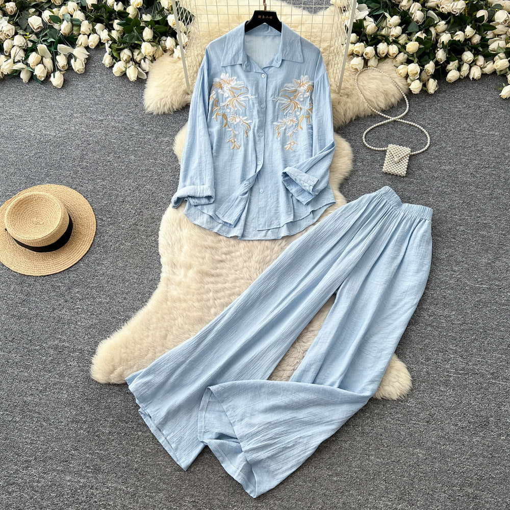 Lazy style pink embroidershirtloose pantstwo-piece set female autumlong sleevessequinwork clothingslimming lookelegantsuit