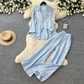 Lazy style pink embroidershirtloose pantstwo-piece set female autumlong sleevessequinwork clothingslimming lookelegantsuit
