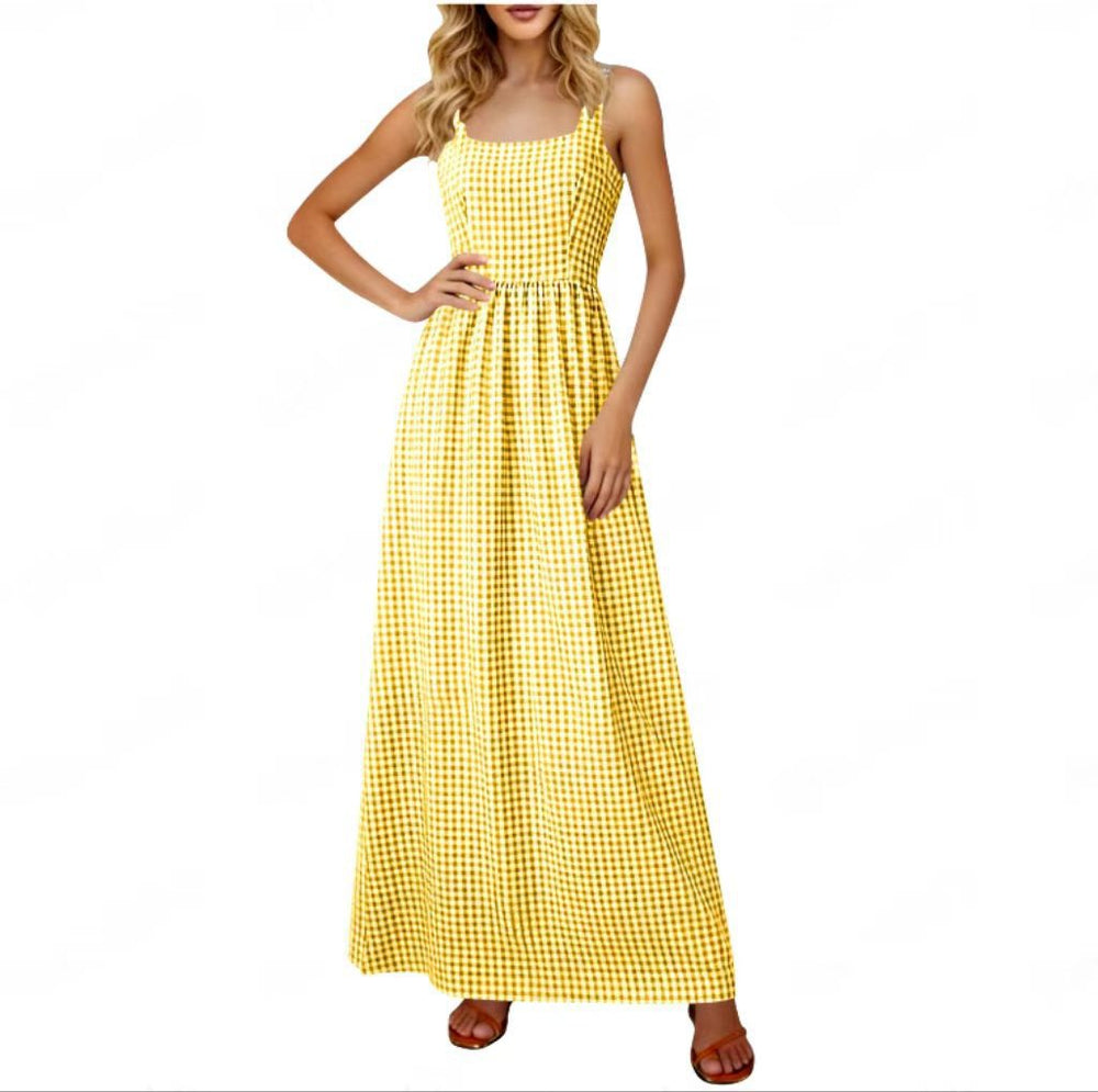 cross-border summer women's plaid square neck a-line casual beach vacation long sundress