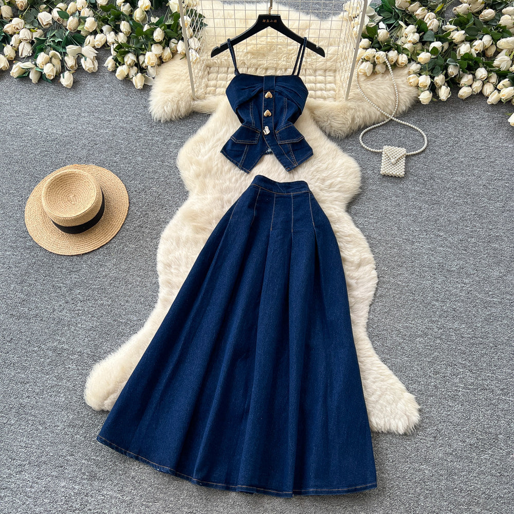 e-commerce  denim set for women, summer sleeveless sophisticated style vest + high-waisted midi skirt two-piece set