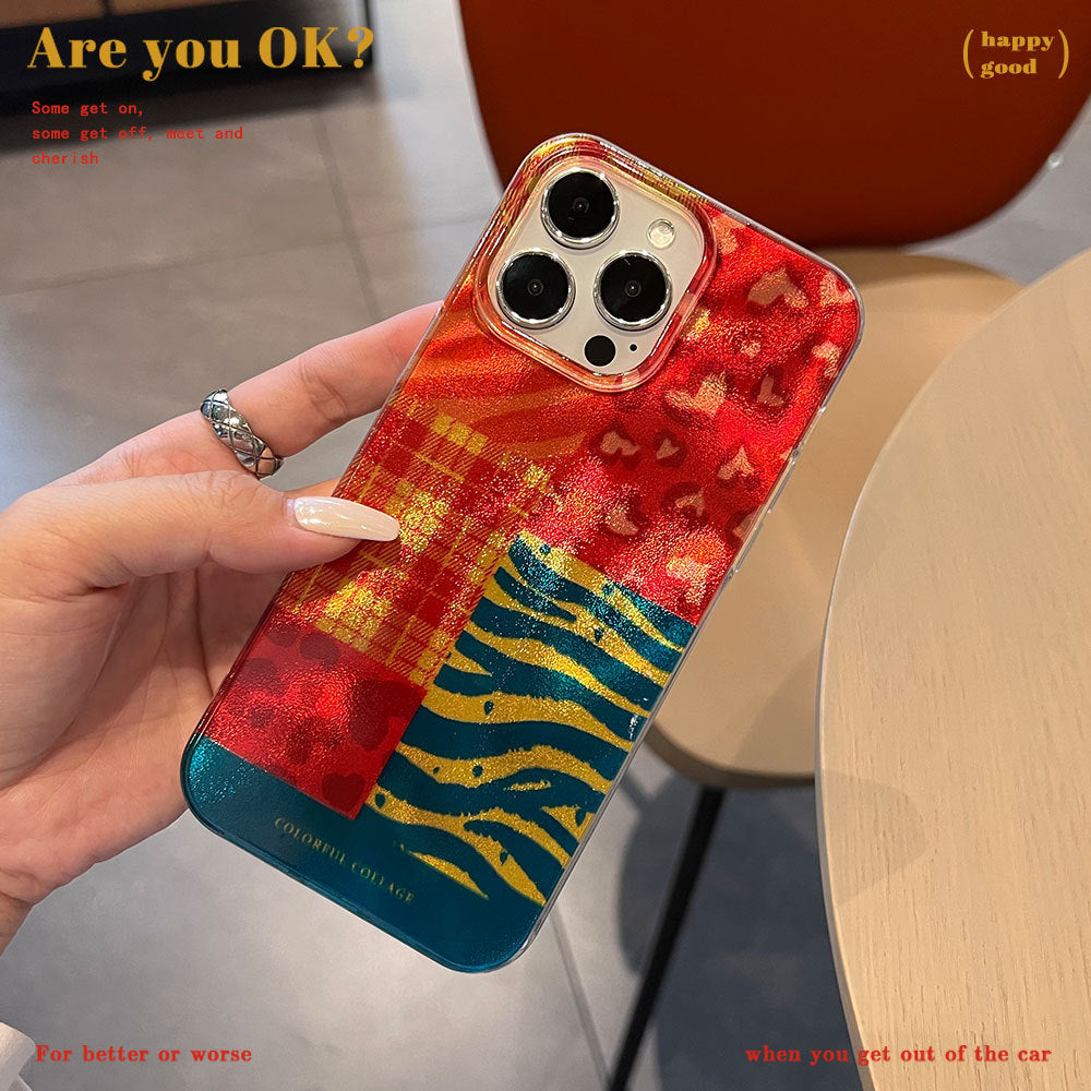 apple 17 pro phone case - gradient color tin foil shell with multi-element patchwork iphone 16 protective cover