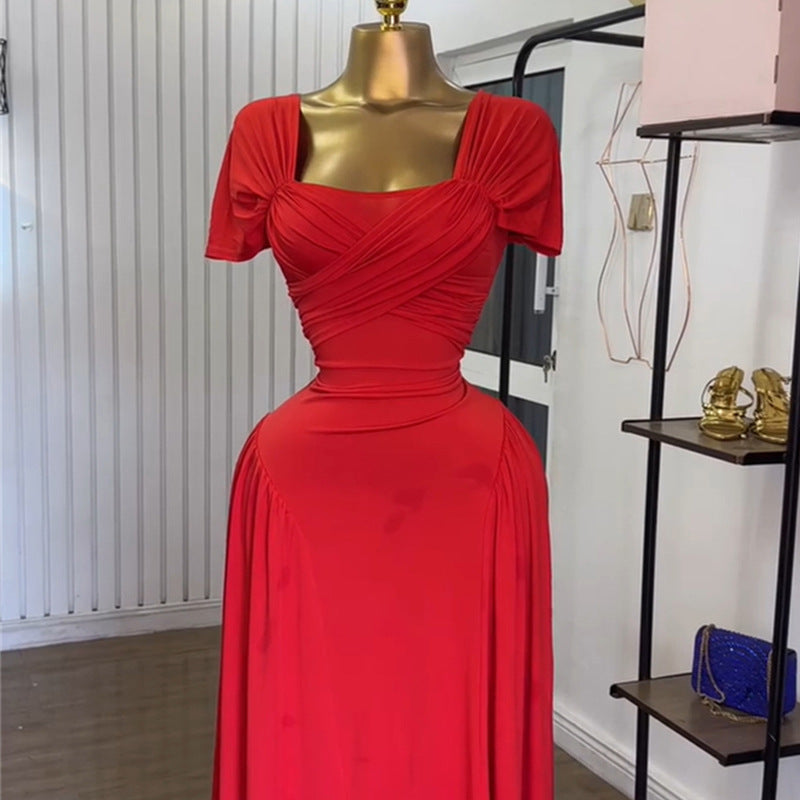 European and american cross-border women's fashion:  summer new arrival - elegant solid color square neck high-waisted a-line short sleeve midi dress