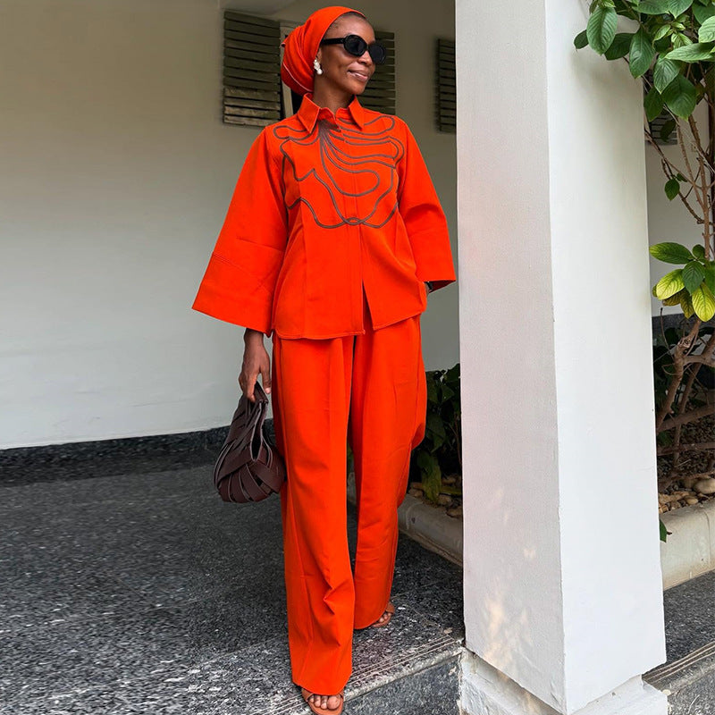 European and american cross-border african women's clothing  autumn new arrival: collared loose-fit printed shirt and high-waisted wide-leg pants set