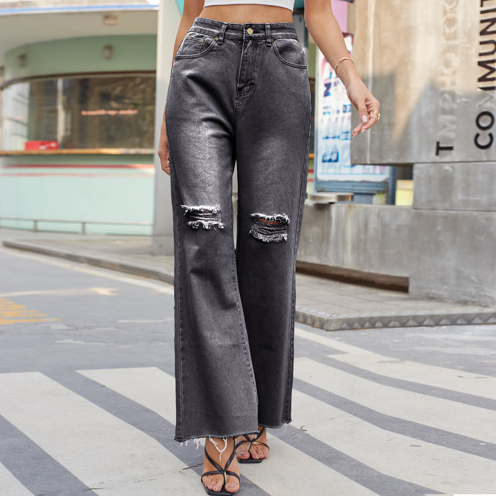 European and american cross-border trade independent station  new  denim wide-leg pants ripped slightly flared jeans for women