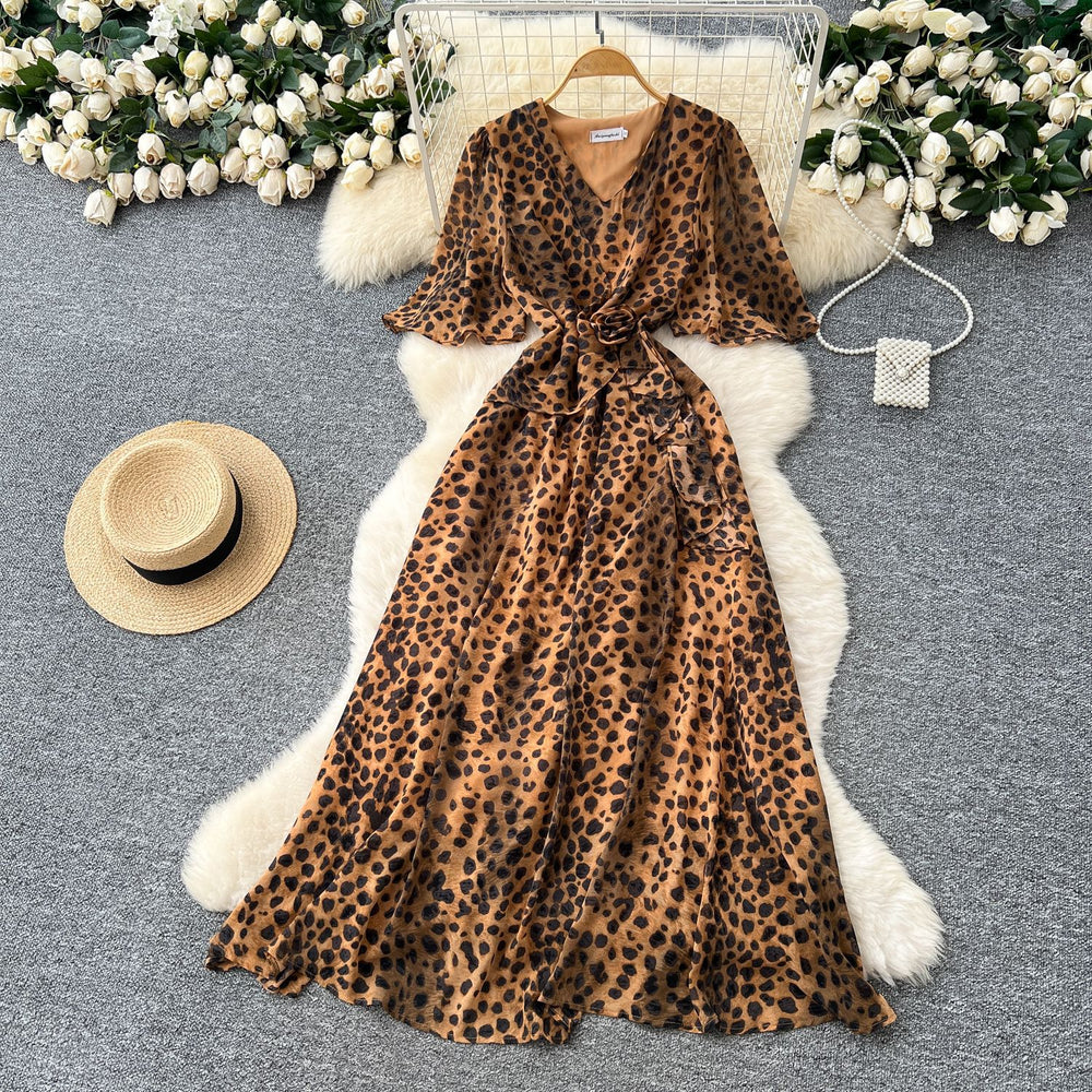 European and american style leopard print dress - women's summer ruffle sleeve, slimming waist, exquisite design, luxurious and chic, long maxi dress