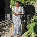 European and american women's clothing  autumn new sweet and fresh loose plus size striped v-neck batwing sleeve straight maxi dress