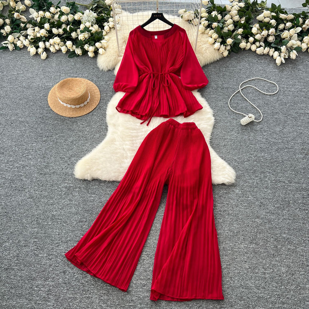 spring two-piece set for women: ruched v-neck tie-waist lantern sleeve top + high-waisted pleated wide-leg cropped pants