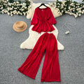 spring two-piece set for women: ruched v-neck tie-waist lantern sleeve top + high-waisted pleated wide-leg cropped pants