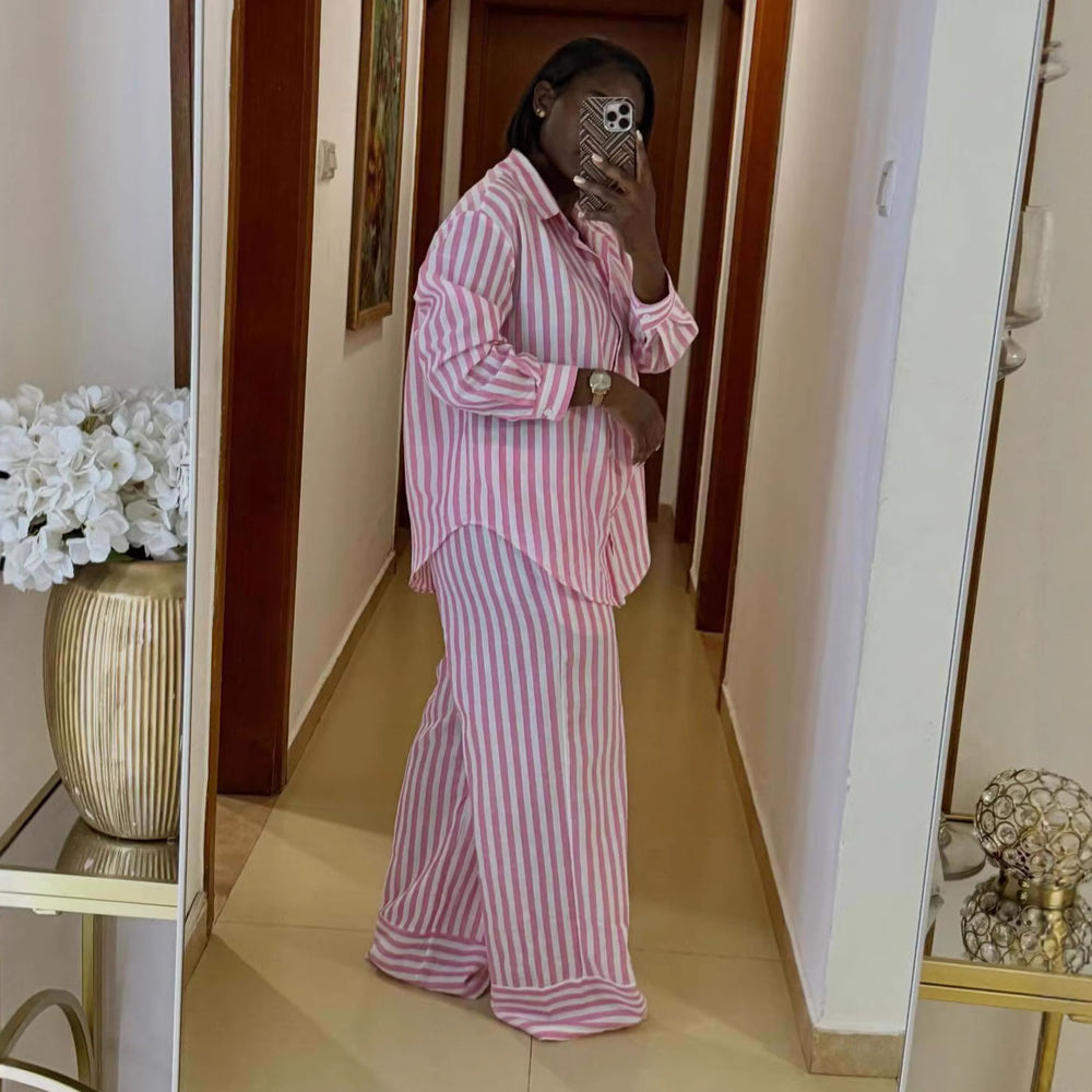 European and american cross-border women's spring  new collection: sweet and fresh striped loose-fit shirt and wide-leg pants casual set