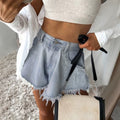 cross-border fashion high-waisted frayed hem denim shorts for women - summer light blue hot girl slimming a-line capri shorts