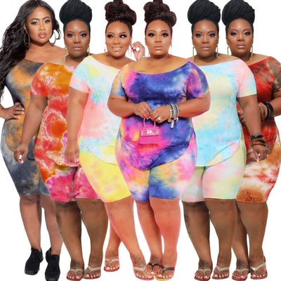 P5048 cross-border fashion plus-size women's casual tie-dye print shorts set