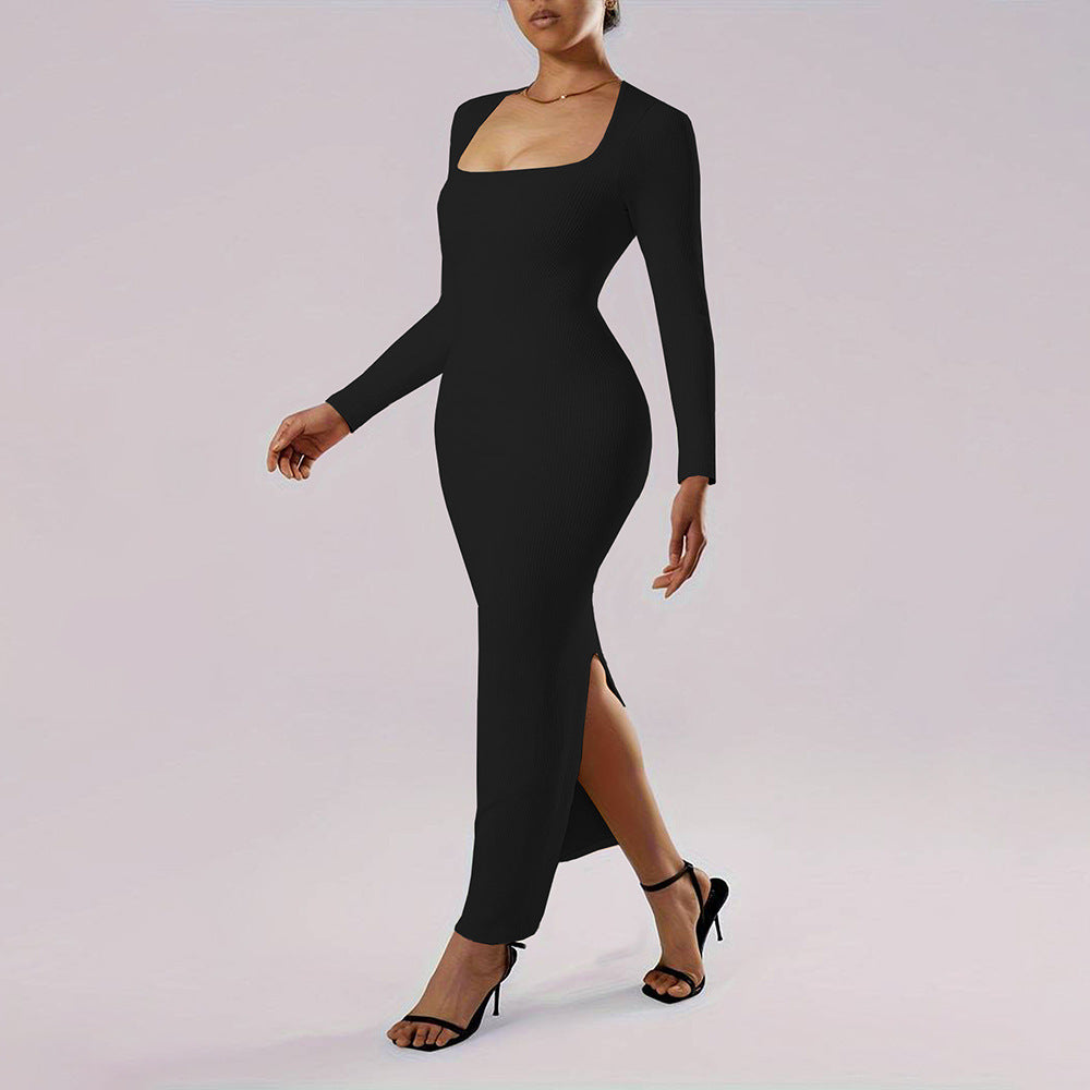 cross-border chic chanel-style square neck dress - autumn/winter slim-fit bodycon maxi dress for women