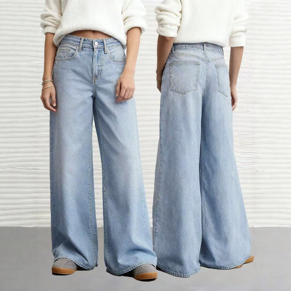 Fashion style light blue washed denim pants women's button front flap pocket pants high waistloose pantsslimming lookmopjeans
