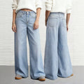 Fashion style light blue washed denim pants women's button front flap pocket pants high waistloose pantsslimming lookmopjeans