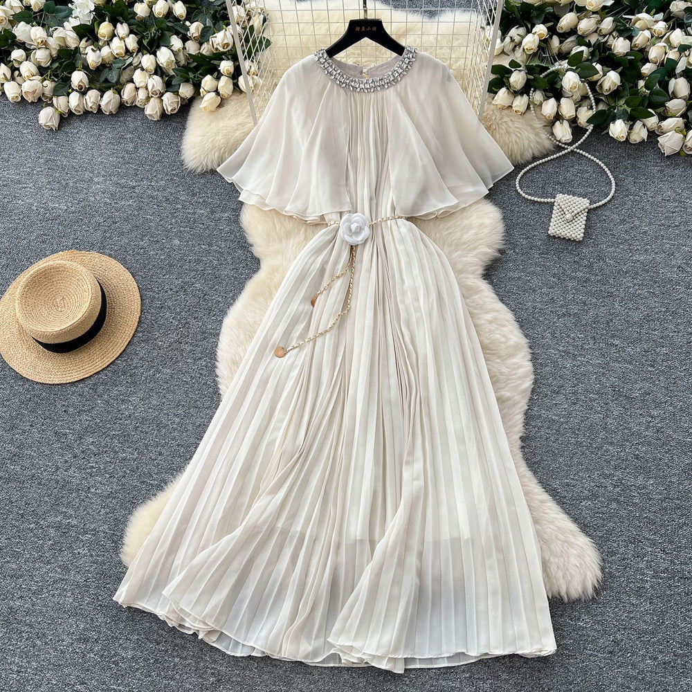 French fashion heavy industry diamond round neck shawl patchwork strap waist slimmingelegantpleated chiffon dress for women