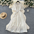 French fashion heavy industry diamond round neck shawl patchwork strap waist slimmingelegantpleated chiffon dress for women