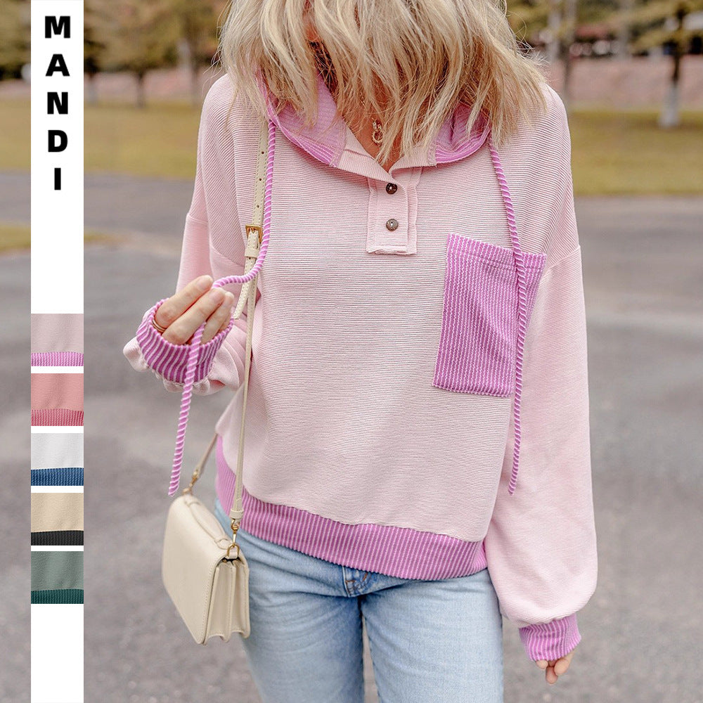 European and American   pullover women's clothing 2025 autumn and winter new women's contrasting color twist strip hooded sweater