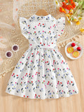 Girls' summer dress for export: white flutter sleeve, peter pan collar, cherry print, bow belt, children's princess dress